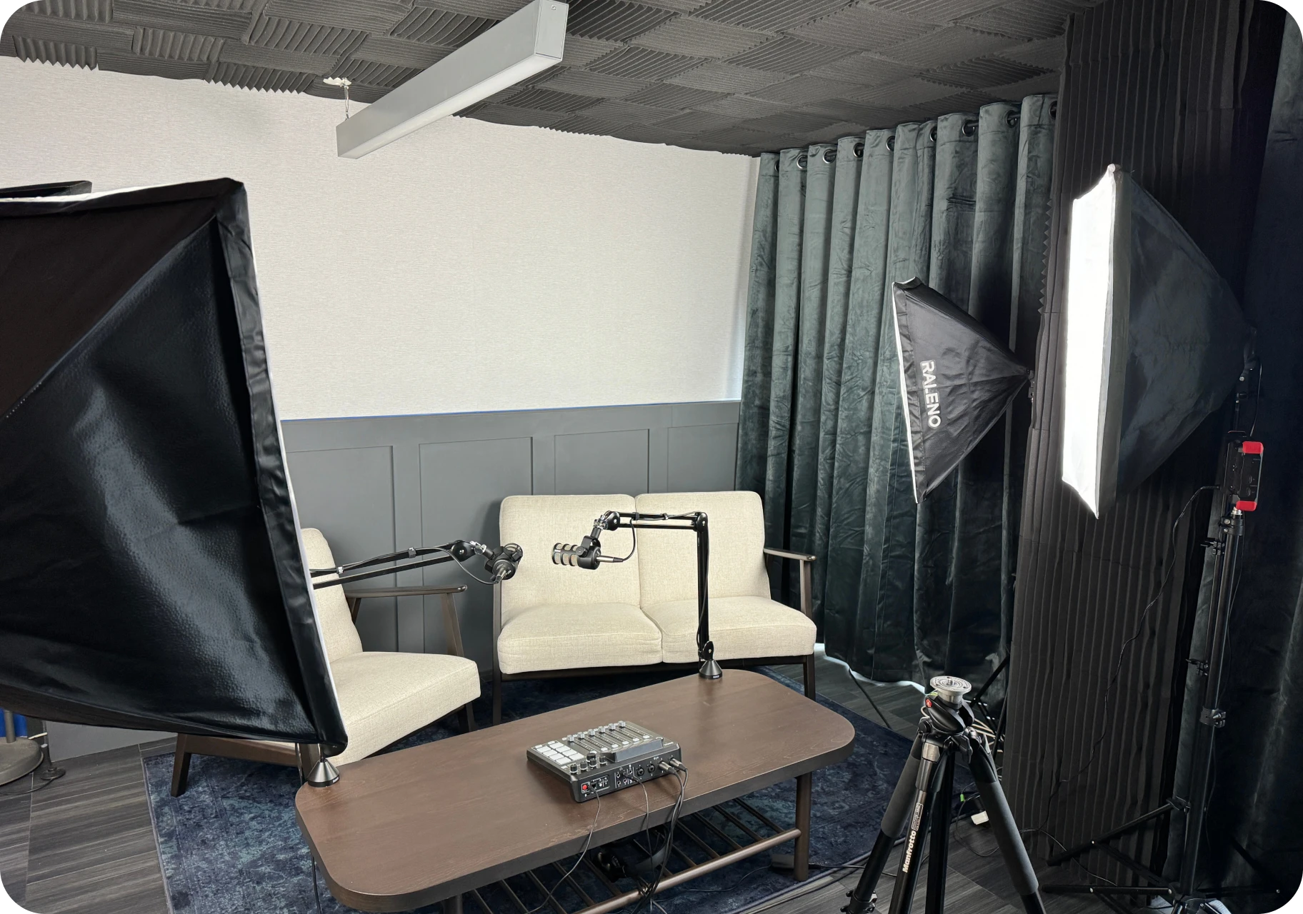 Podcast sofas with studio lighting